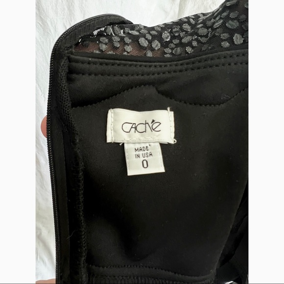 Cache Black Fitted Dress With Rhinestones Around the Top and Cap Sleeves - Picture 4 of 5